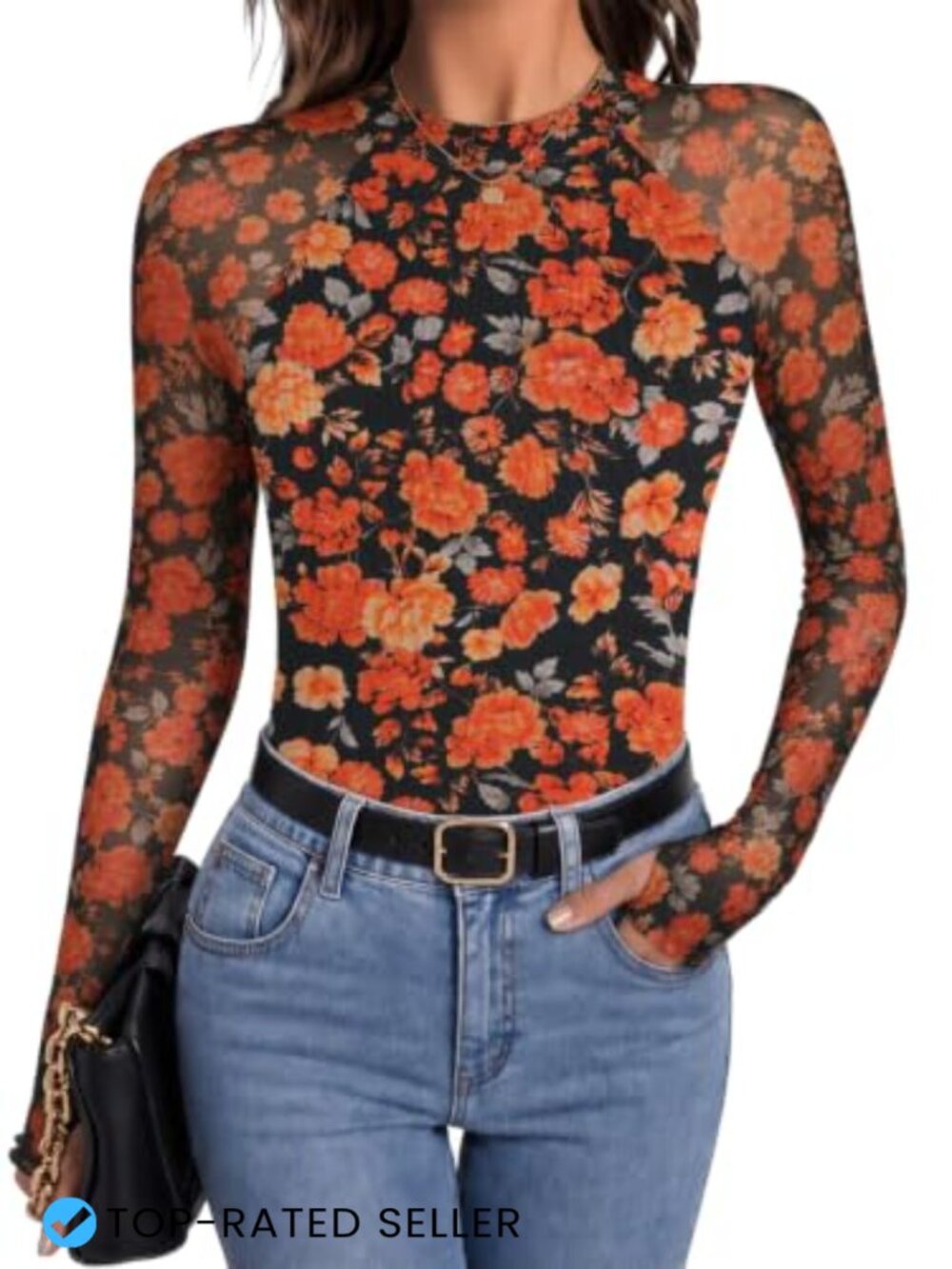 Zeagoo Long Sleeve Sheer Mesh Top Mock Neck Fitted Blouse